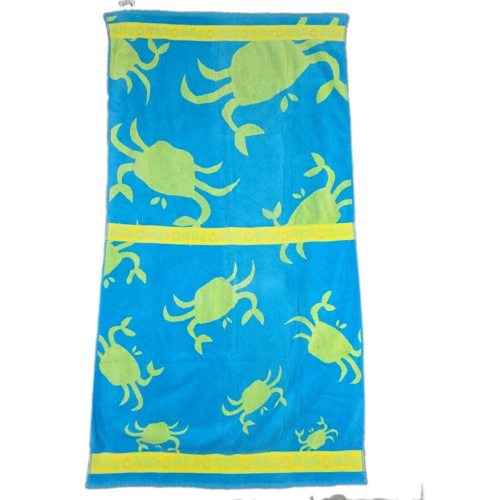 Palm Cove VTG Crab Thick Plush Beach Towel 100% Cotton ~33x63" Blue Green Large
